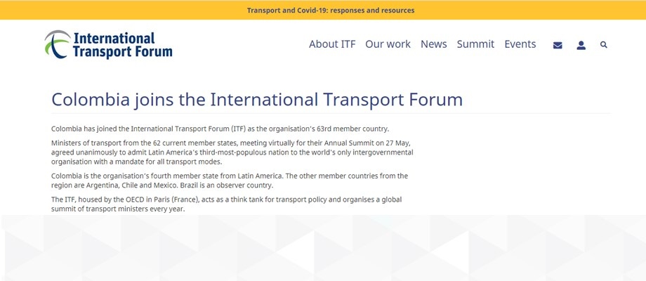 Colombia oficializó su ingreso al Foro Internacional de Transporte (ITF) Colombia oficializó su ingreso al Foro Internacional de Transporte