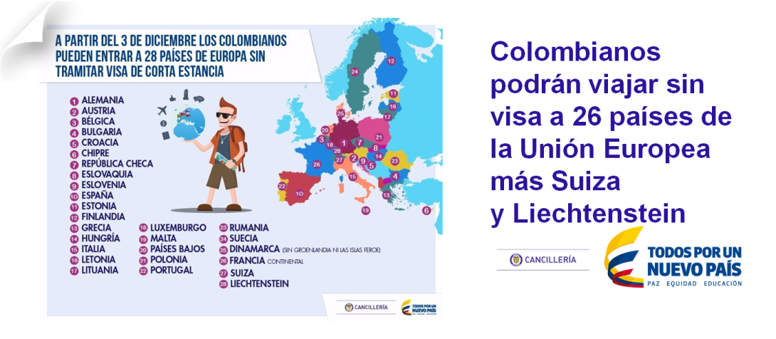 Colombianos podrán viajar sin visa a 26 países de la Unión Europea más Suiza y Liechtenstein Colombianos podrán viajar sin visa a 26 países de la Unión Europea más Suiza y Liechtenstein