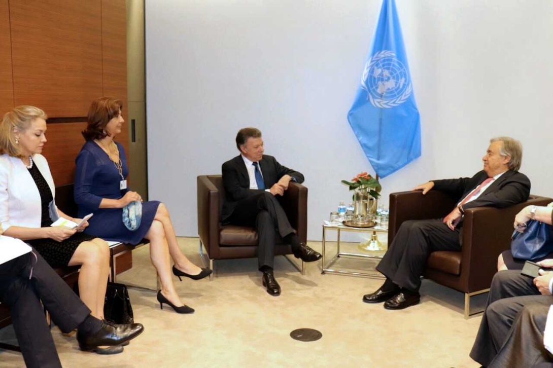 Presidente Juan Manuel Santos, Canciller María Ángela Holguín y Embajadora ante Naciones Unidas, María Emma Mejía se reunieron con el Secretario General de la ONU, António Guterres Presidente Juan Manuel Santos, Canciller María Ángela Holguín y Embajadora ante Naciones Unidas, María Emma Mejía se reunieron con el Secretario General de la ONU