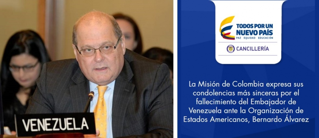 Misión de Colombia expresa sus condolencias más sinceras por el fallecimiento del Embajador de Venezuela ante la Organización de Estados Americanos, Bernardo Álvarez La Misión de Colombia expresa sus condolencias por el fallecimiento del Embajador de Venezuela ante la Organización de Estados Americanos, Bernardo Álvarez